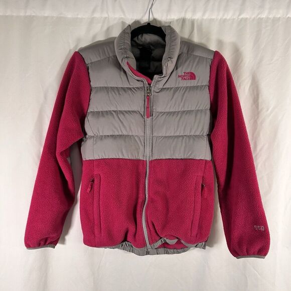 North Face Jacket Girls Large 14 16 Grey Pink Fleece Goose Down Full Zip 550 - Picture 1 of 9